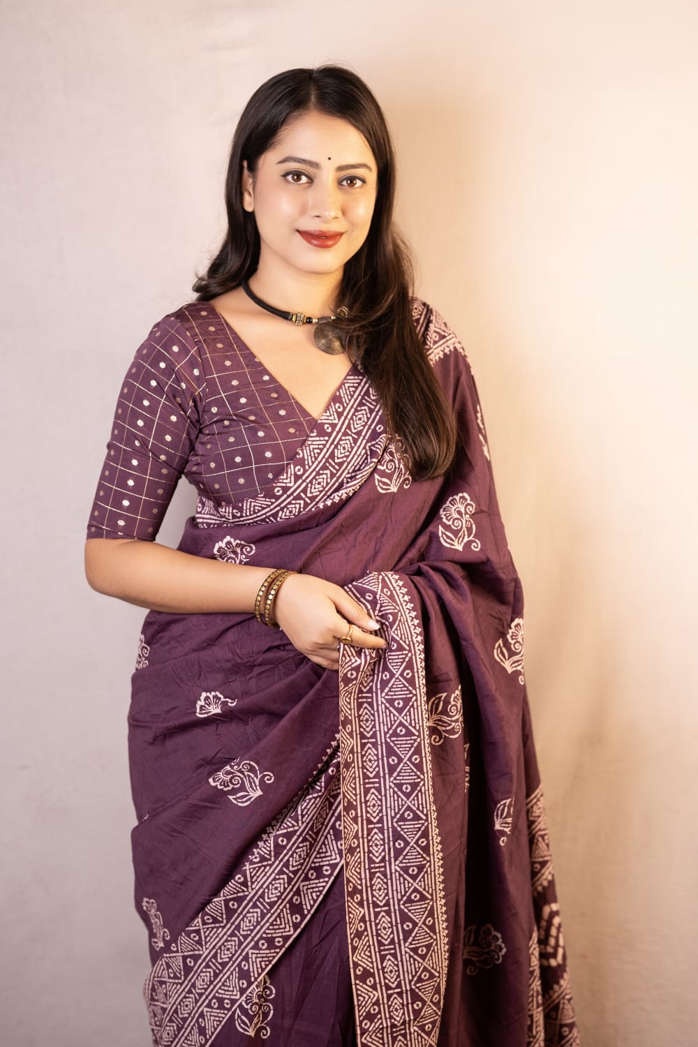 Purple Color Premium Soft Cotton Saree With Batik Prints