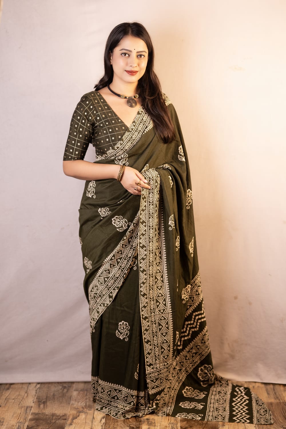 Olive Green Color Premium Soft Cotton Saree With Batik Prints