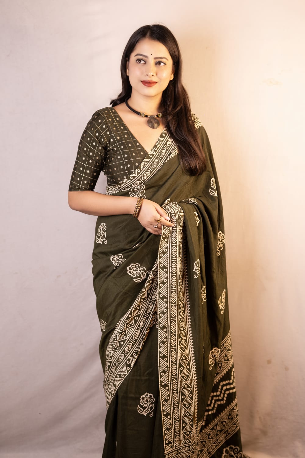 Olive Green Color Premium Soft Cotton Saree With Batik Prints