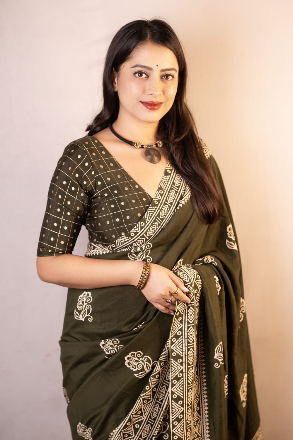 Olive Green Color Premium Soft Cotton Saree With Batik Prints