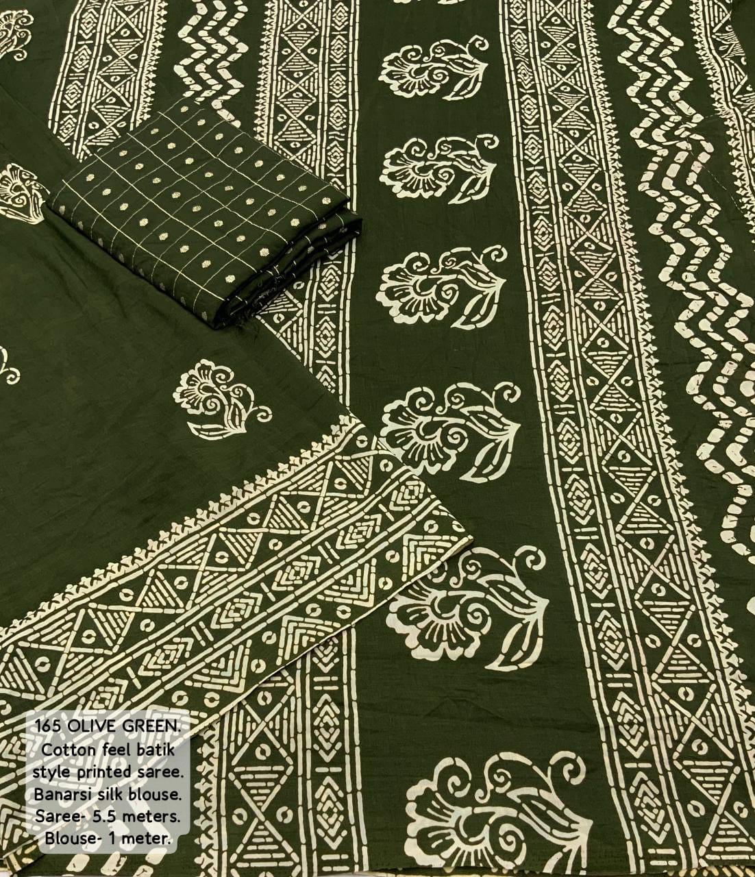 Olive Green Color Premium Soft Cotton Saree With Batik Prints