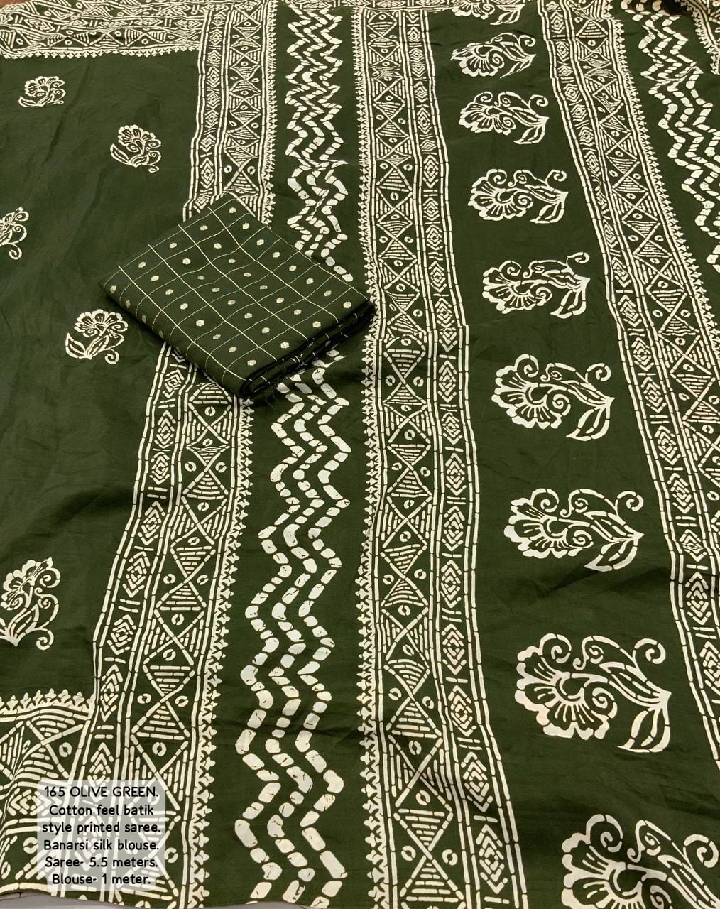 Olive Green Color Premium Soft Cotton Saree With Batik Prints