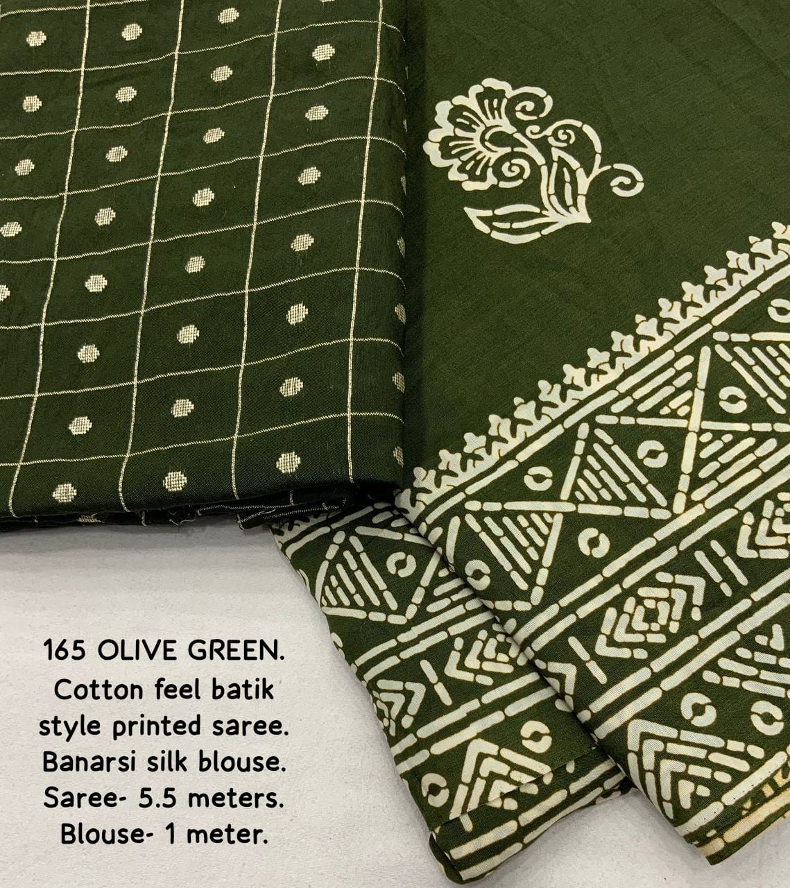 Olive Green Color Premium Soft Cotton Saree With Batik Prints