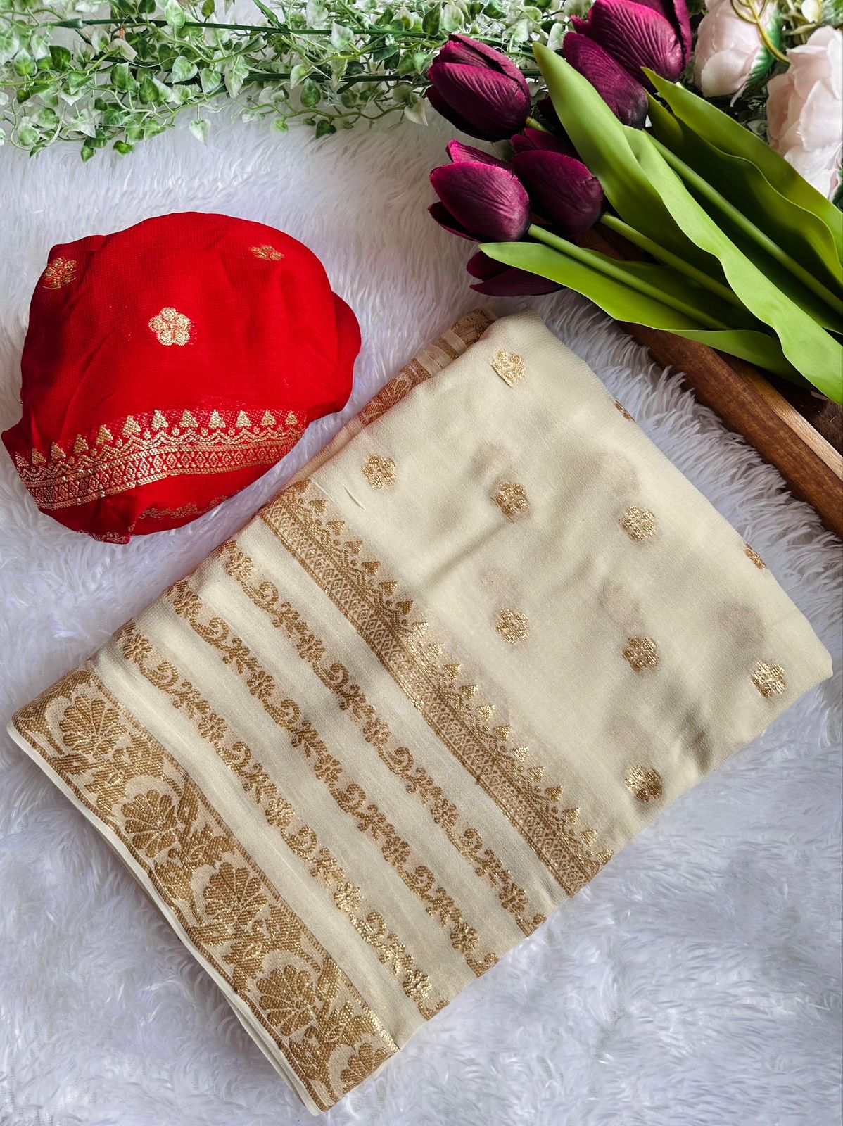 Cream Color Heavy Pure Viscose Georgette Saree With Complete Bridal Pattern