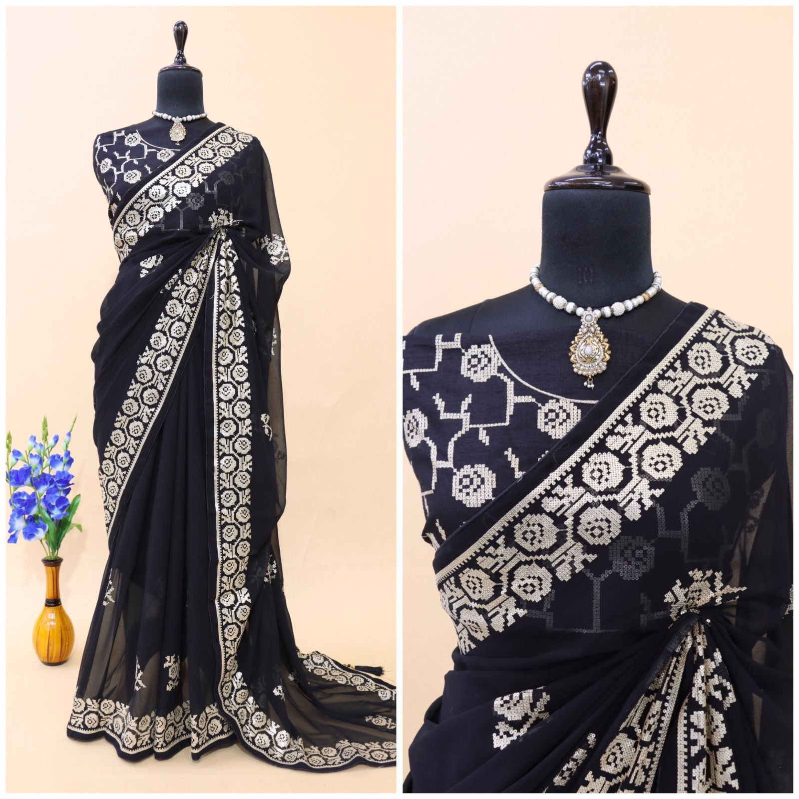 Premium Georgette Saree With Multi Thread Embroidery Coding Sequence Work