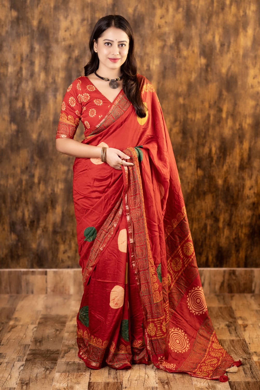 Red Color Pure Chanderi Cotton Saree With Ajrakh Style Hand Block Prints