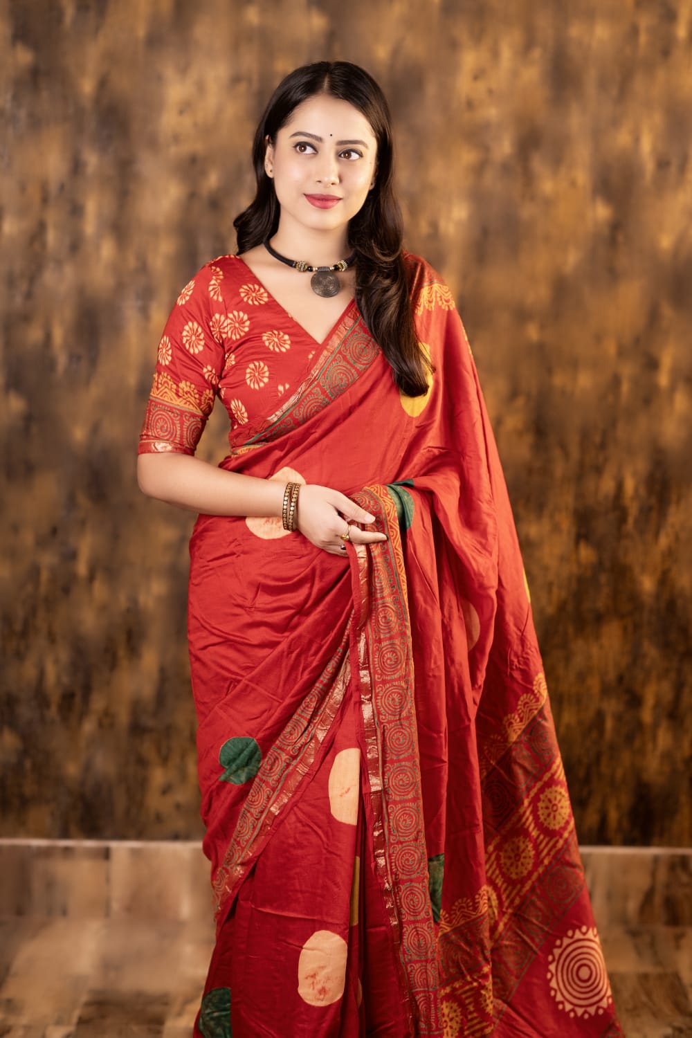 Red Color Pure Chanderi Cotton Saree With Ajrakh Style Hand Block Prints