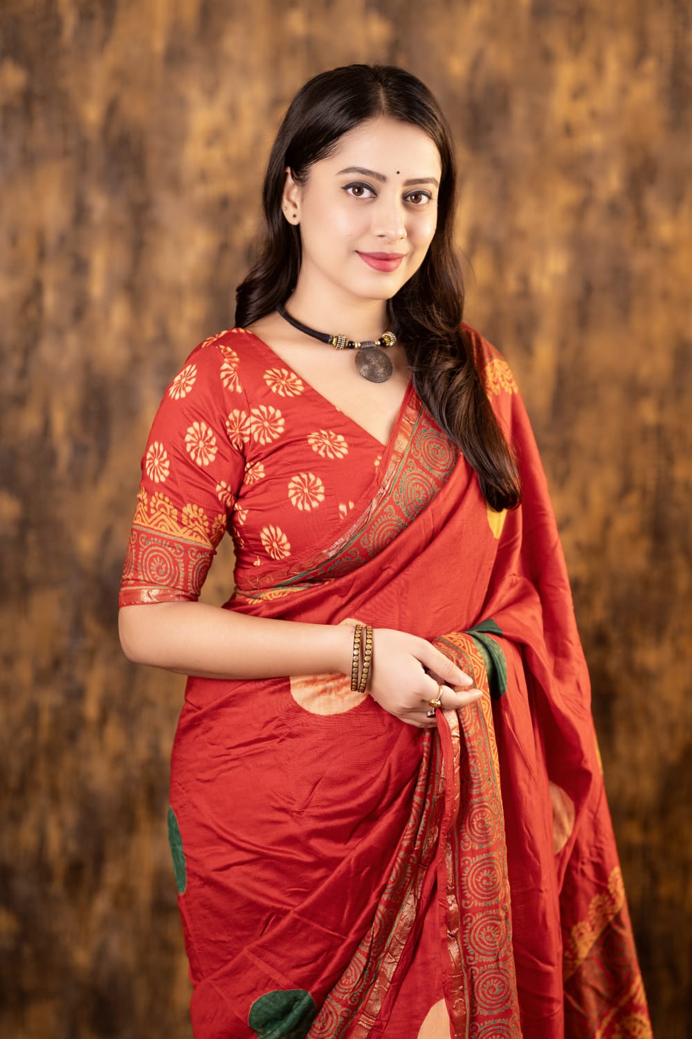 Red Color Pure Chanderi Cotton Saree With Ajrakh Style Hand Block Prints