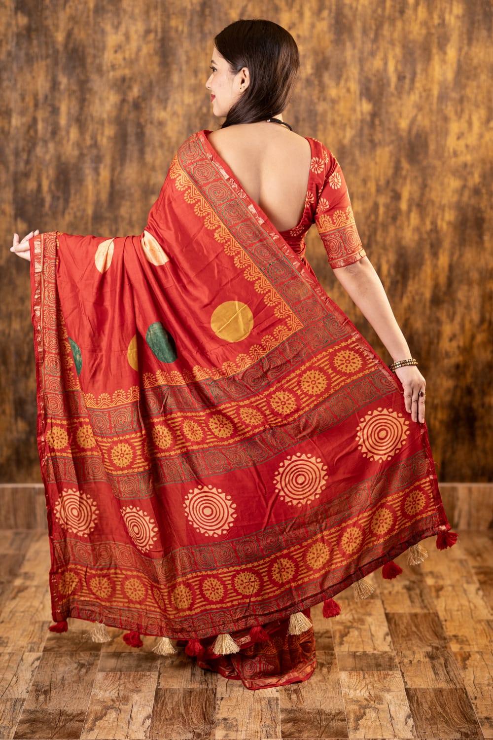 Red Color Pure Chanderi Cotton Saree With Ajrakh Style Hand Block Prints