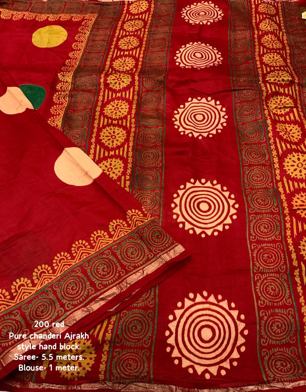 Red Color Pure Chanderi Cotton Saree With Ajrakh Style Hand Block Prints