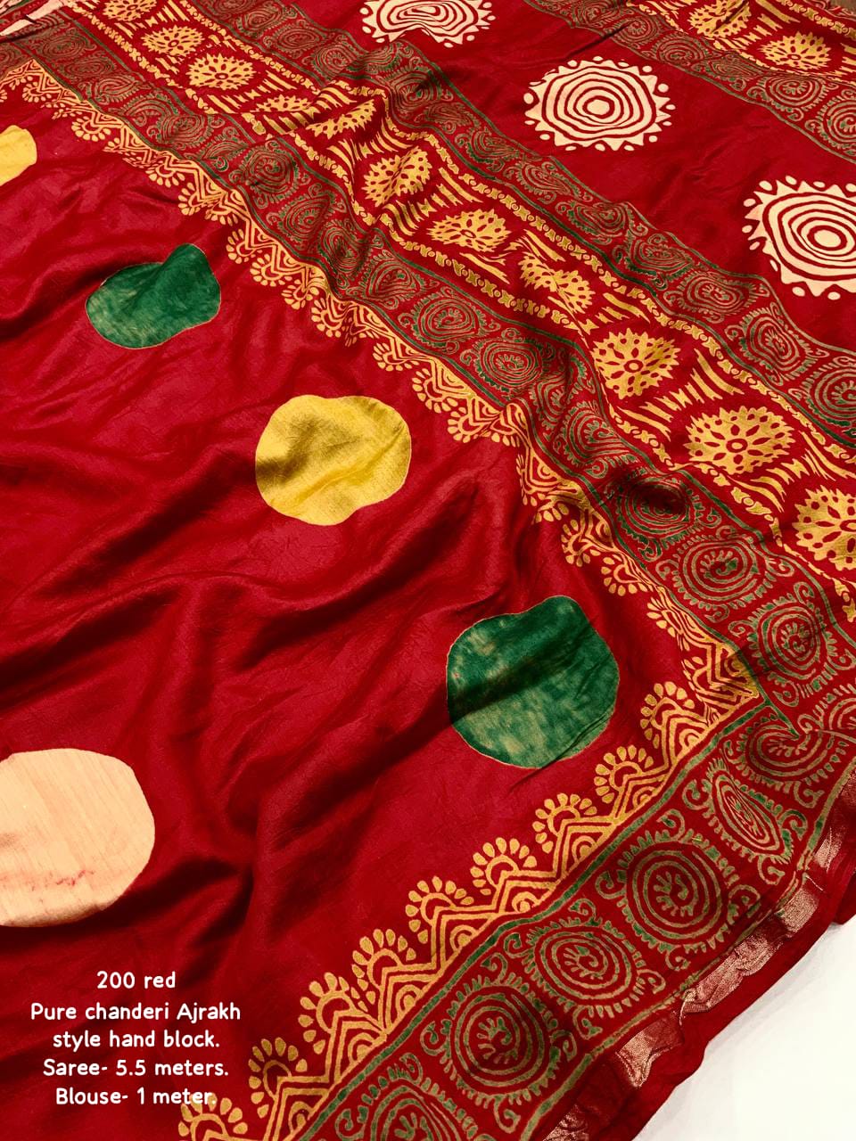 Red Color Pure Chanderi Cotton Saree With Ajrakh Style Hand Block Prints