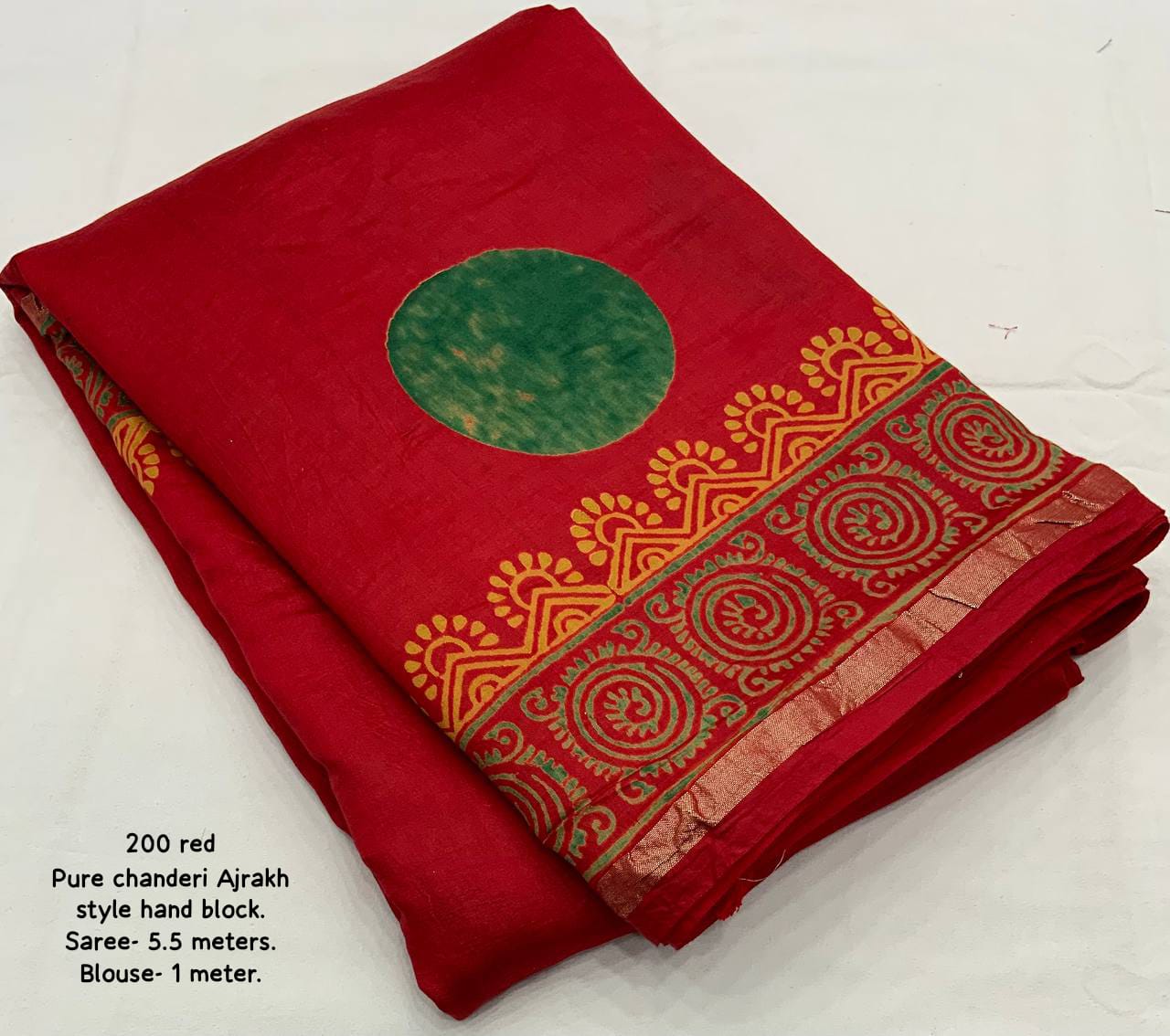 Red Color Pure Chanderi Cotton Saree With Ajrakh Style Hand Block Prints