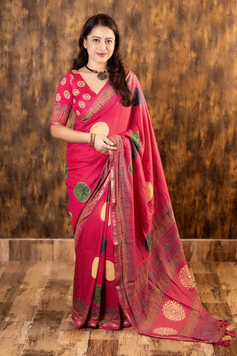 Rani Color Pure Chanderi Cotton Saree With Ajrakh Style Hand Block Prints