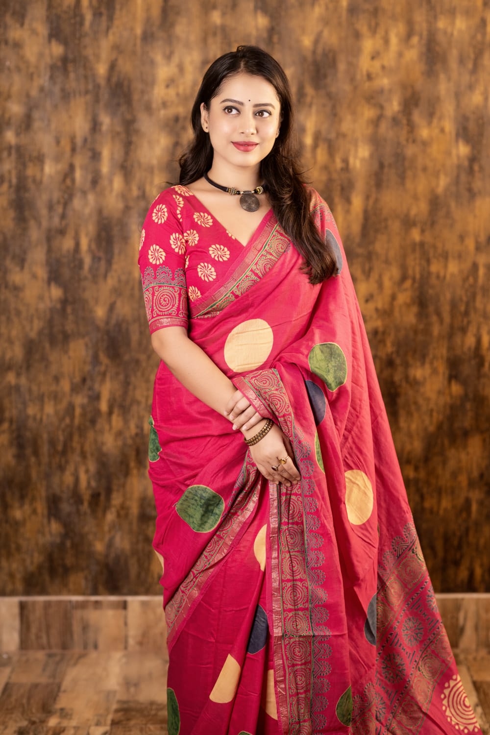 Rani Color Pure Chanderi Cotton Saree With Ajrakh Style Hand Block Prints