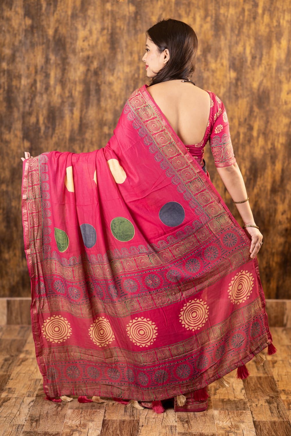 Rani Color Pure Chanderi Cotton Saree With Ajrakh Style Hand Block Prints