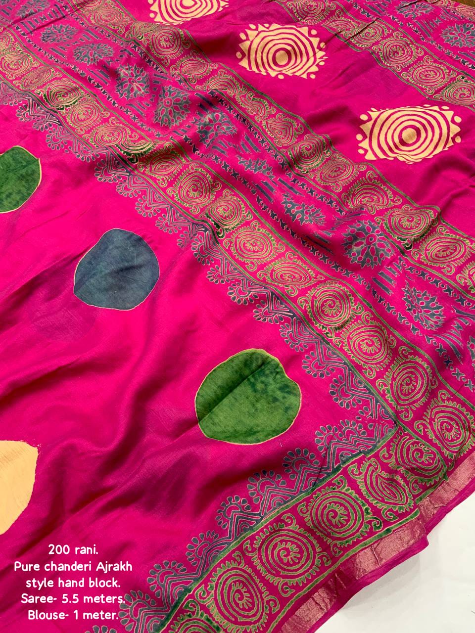 Rani Color Pure Chanderi Cotton Saree With Ajrakh Style Hand Block Prints