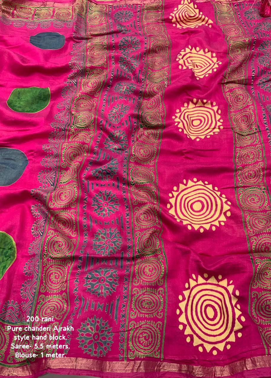 Rani Color Pure Chanderi Cotton Saree With Ajrakh Style Hand Block Prints