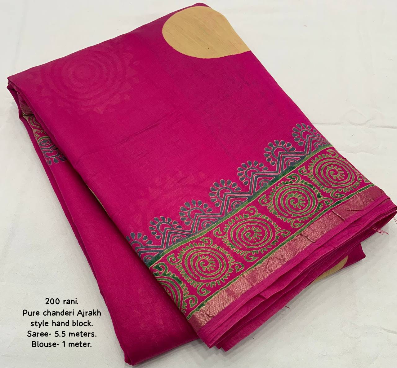 Rani Color Pure Chanderi Cotton Saree With Ajrakh Style Hand Block Prints