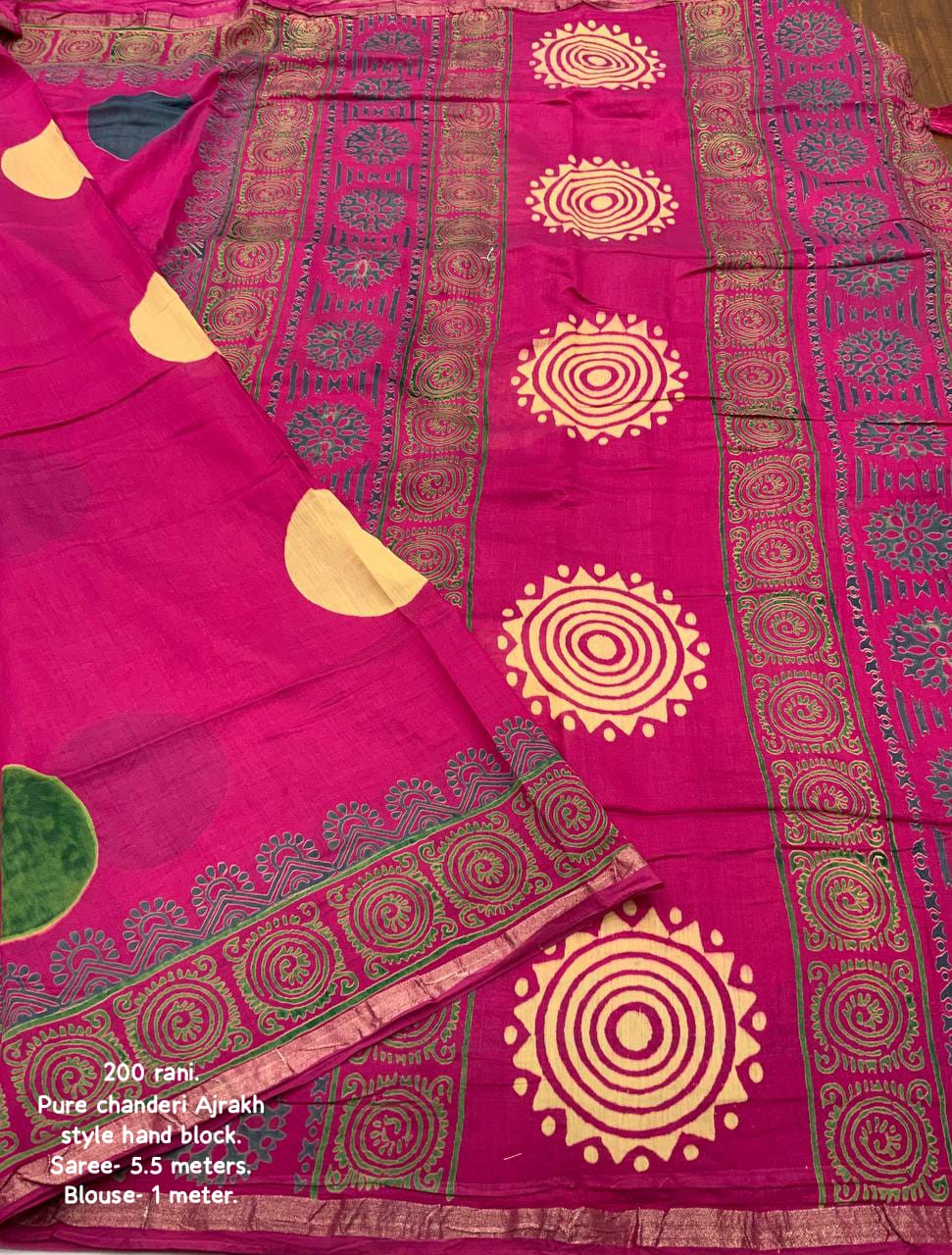 Rani Color Pure Chanderi Cotton Saree With Ajrakh Style Hand Block Prints