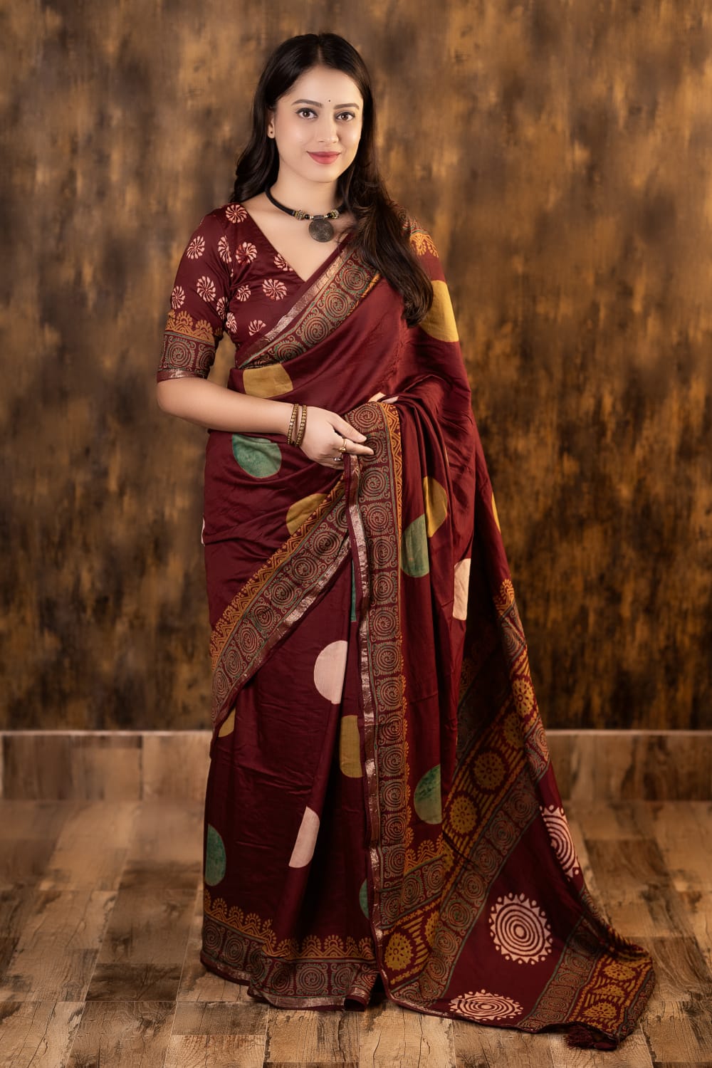 Maroon Color Pure Chanderi Cotton Saree With Ajrakh Style Hand Block Prints