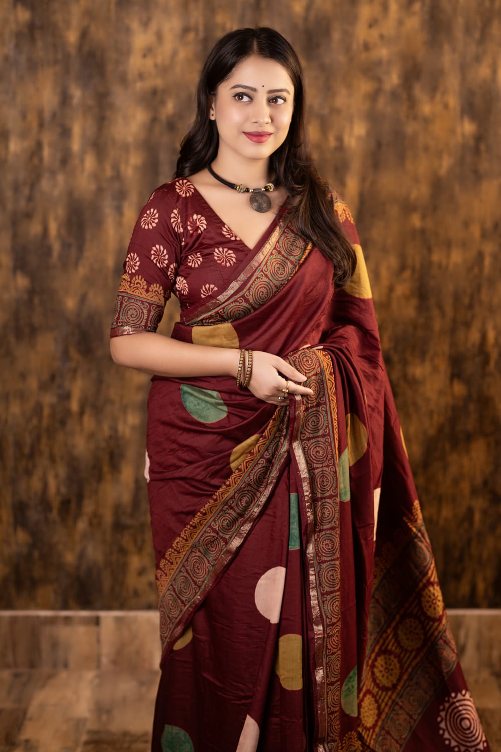 Maroon Color Pure Chanderi Cotton Saree With Ajrakh Style Hand Block Prints