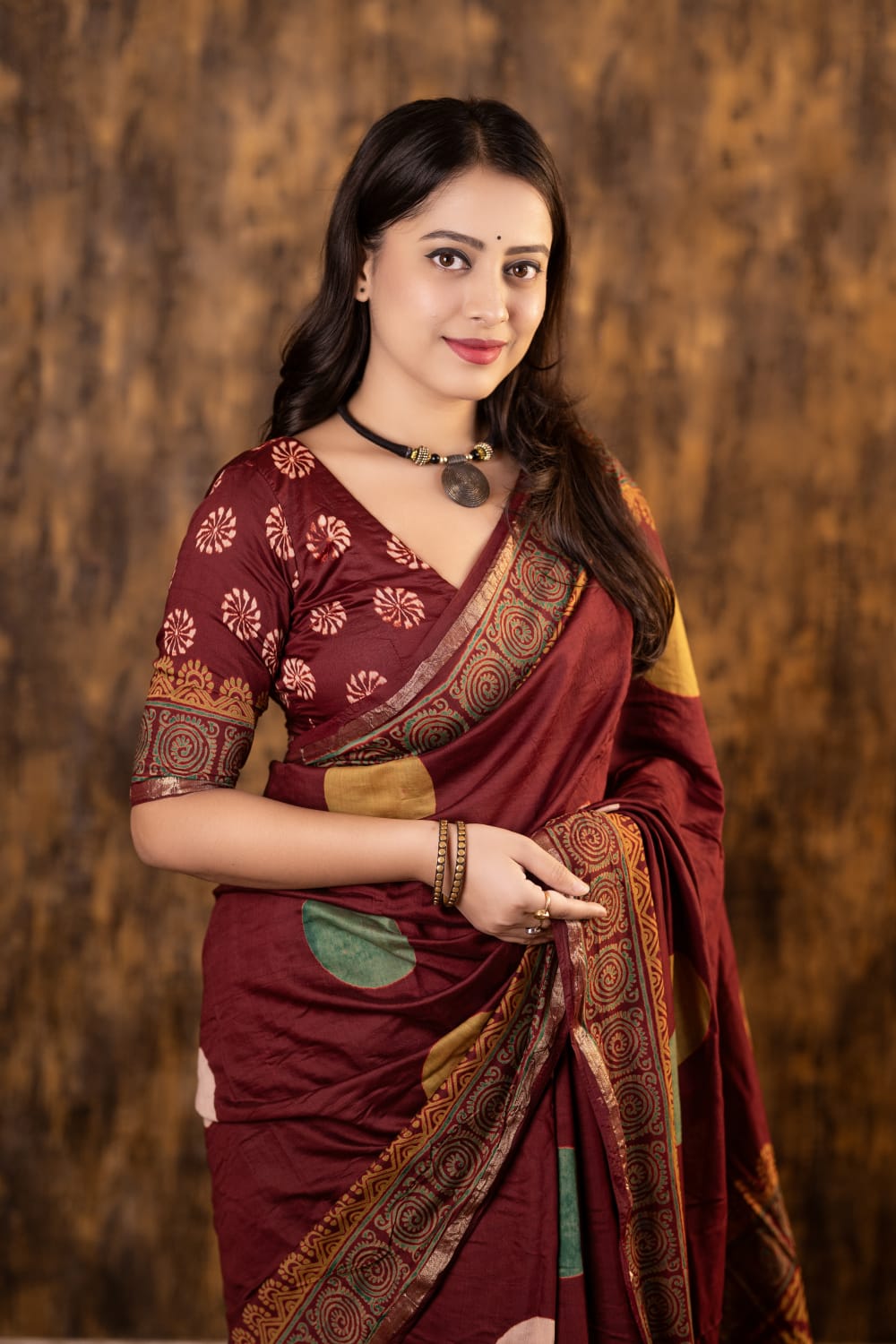 Maroon Color Pure Chanderi Cotton Saree With Ajrakh Style Hand Block Prints