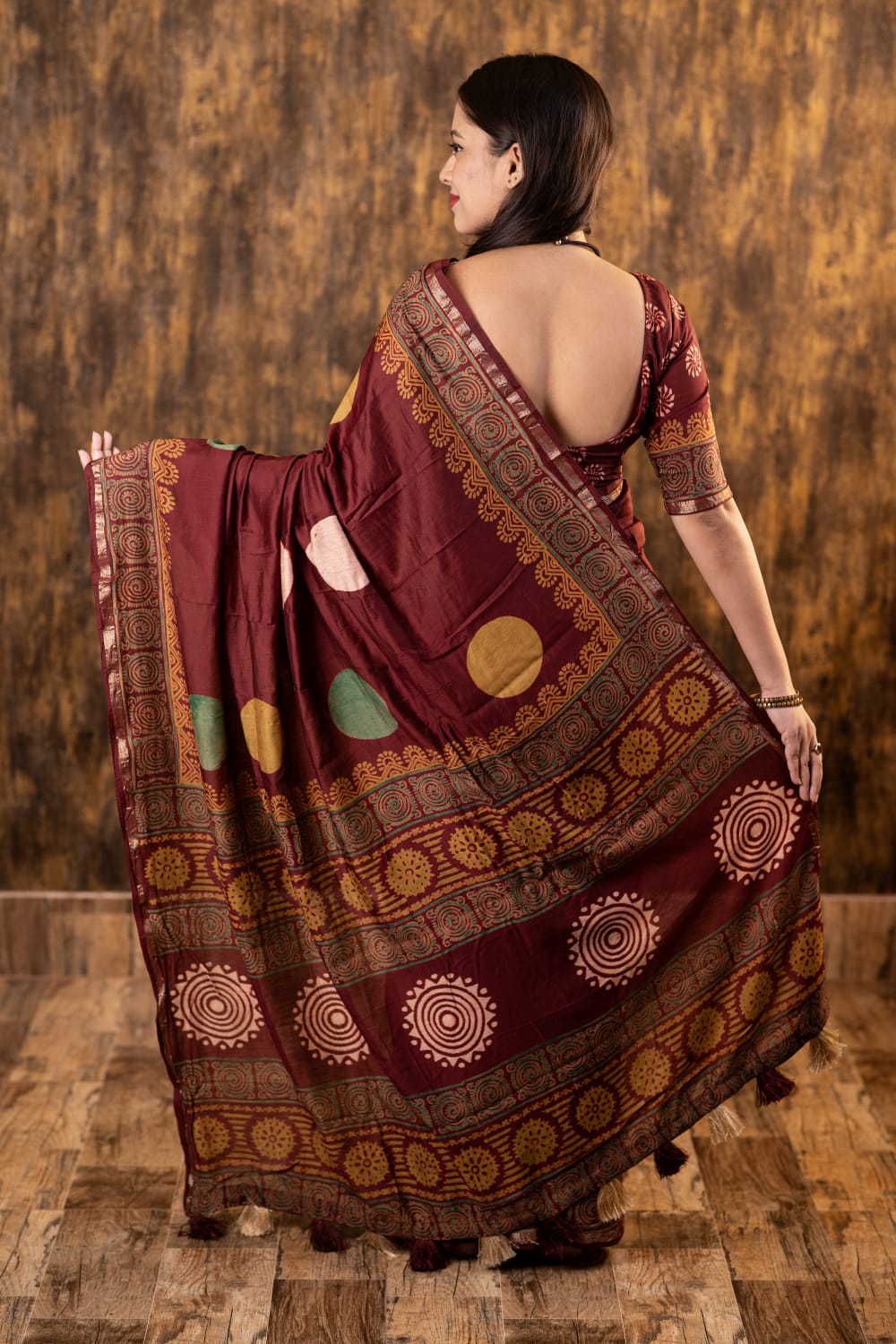 Maroon Color Pure Chanderi Cotton Saree With Ajrakh Style Hand Block Prints