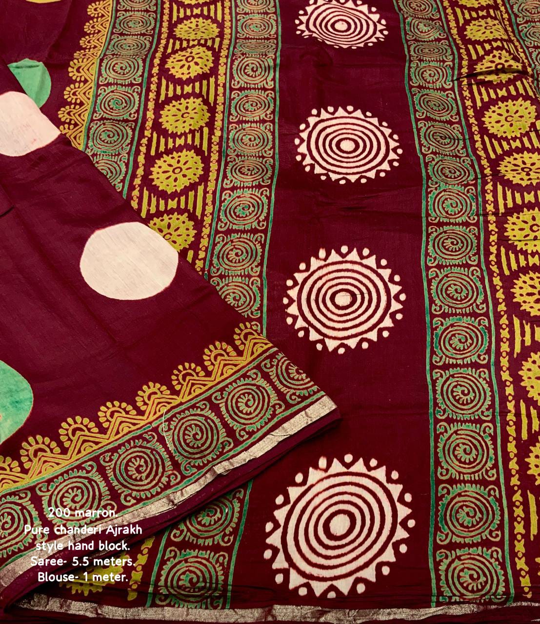 Maroon Color Pure Chanderi Cotton Saree With Ajrakh Style Hand Block Prints