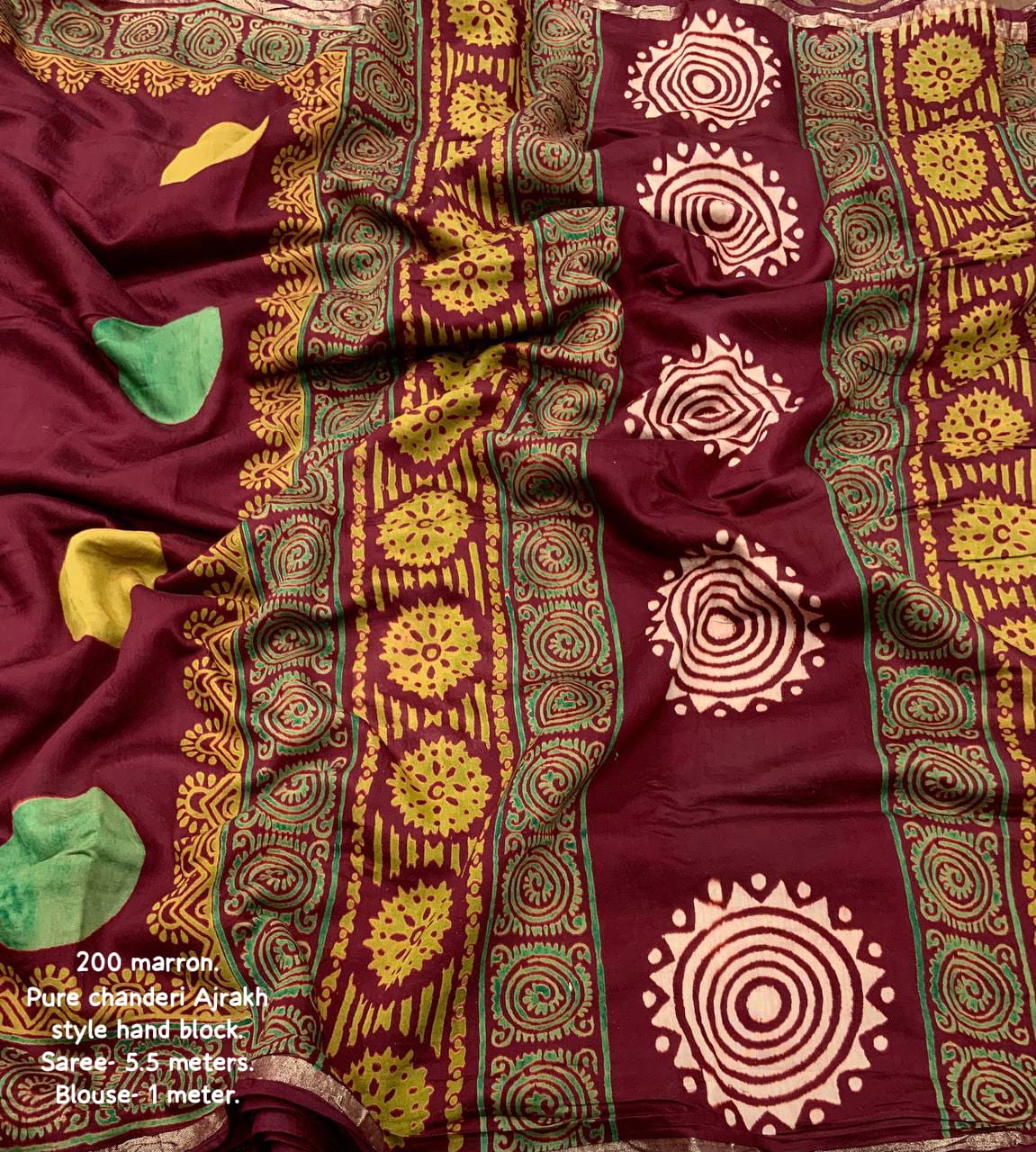 Maroon Color Pure Chanderi Cotton Saree With Ajrakh Style Hand Block Prints