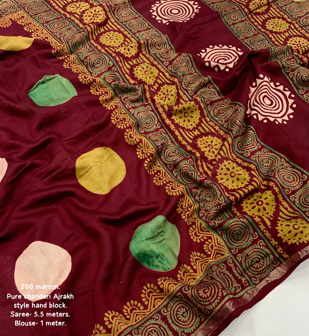 Maroon Color Pure Chanderi Cotton Saree With Ajrakh Style Hand Block Prints