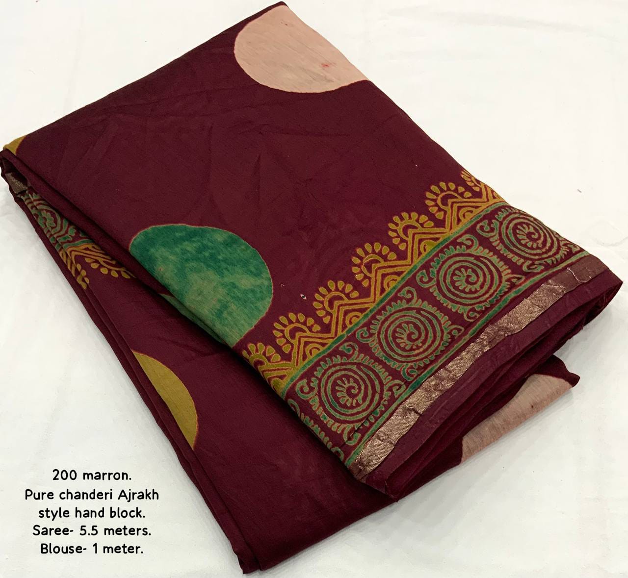 Maroon Color Pure Chanderi Cotton Saree With Ajrakh Style Hand Block Prints