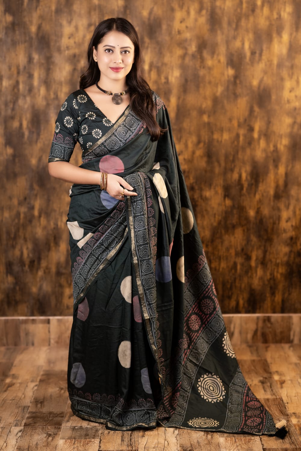 Bottle Green Color Pure Chanderi Cotton Saree With Ajrakh Style Hand Block Prints