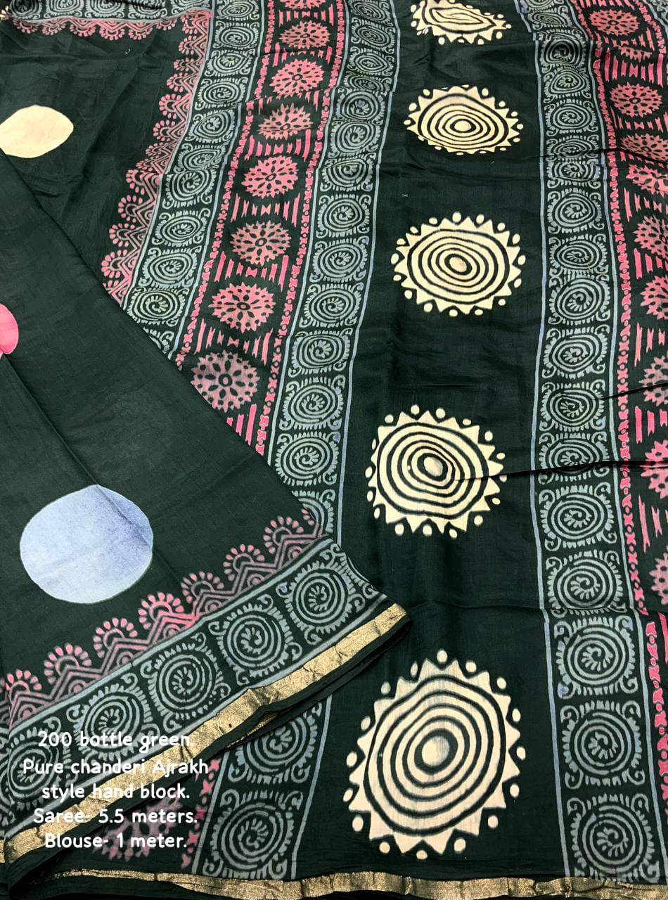 Bottle Green Color Pure Chanderi Cotton Saree With Ajrakh Style Hand Block Prints