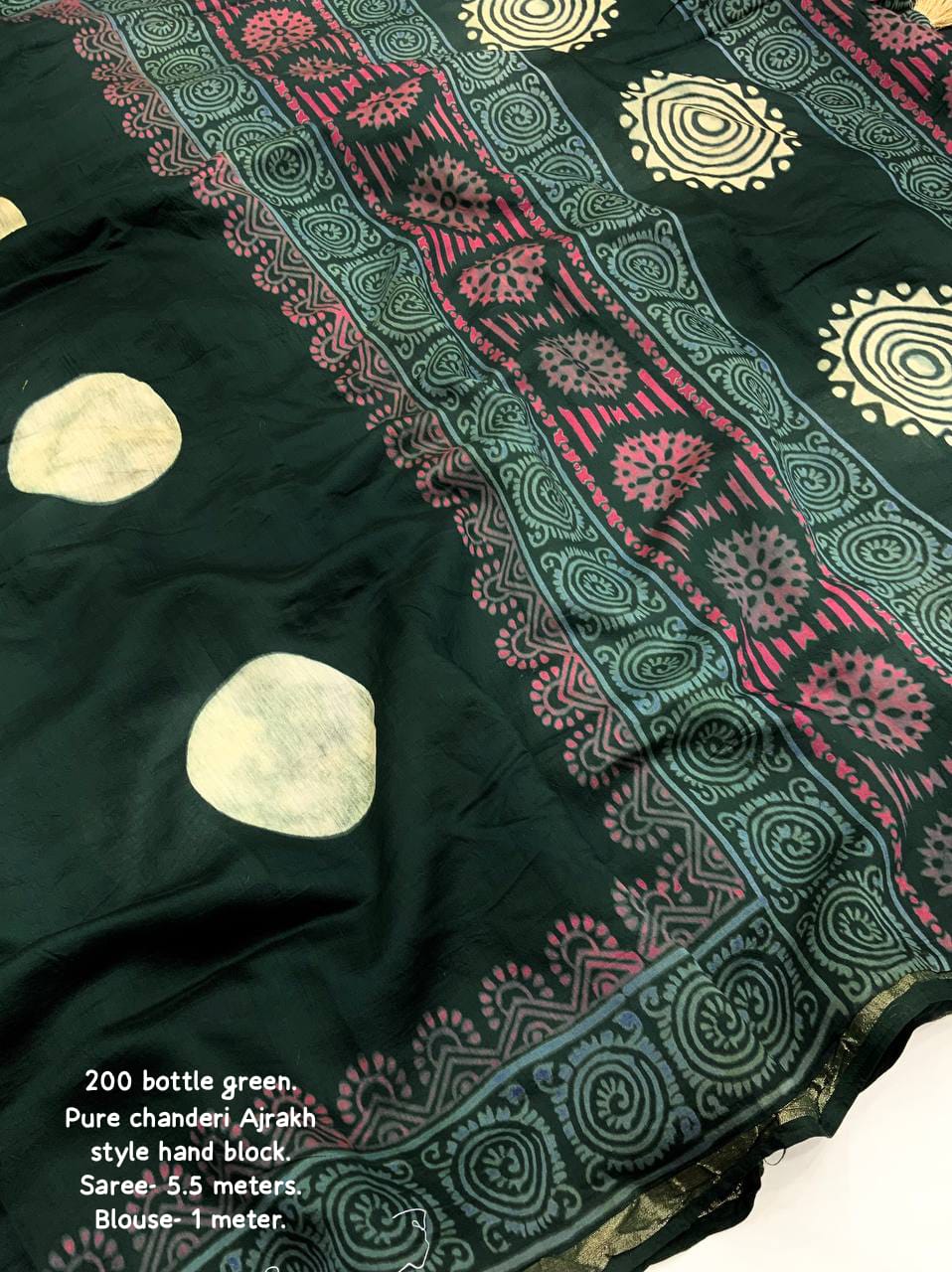 Bottle Green Color Pure Chanderi Cotton Saree With Ajrakh Style Hand Block Prints