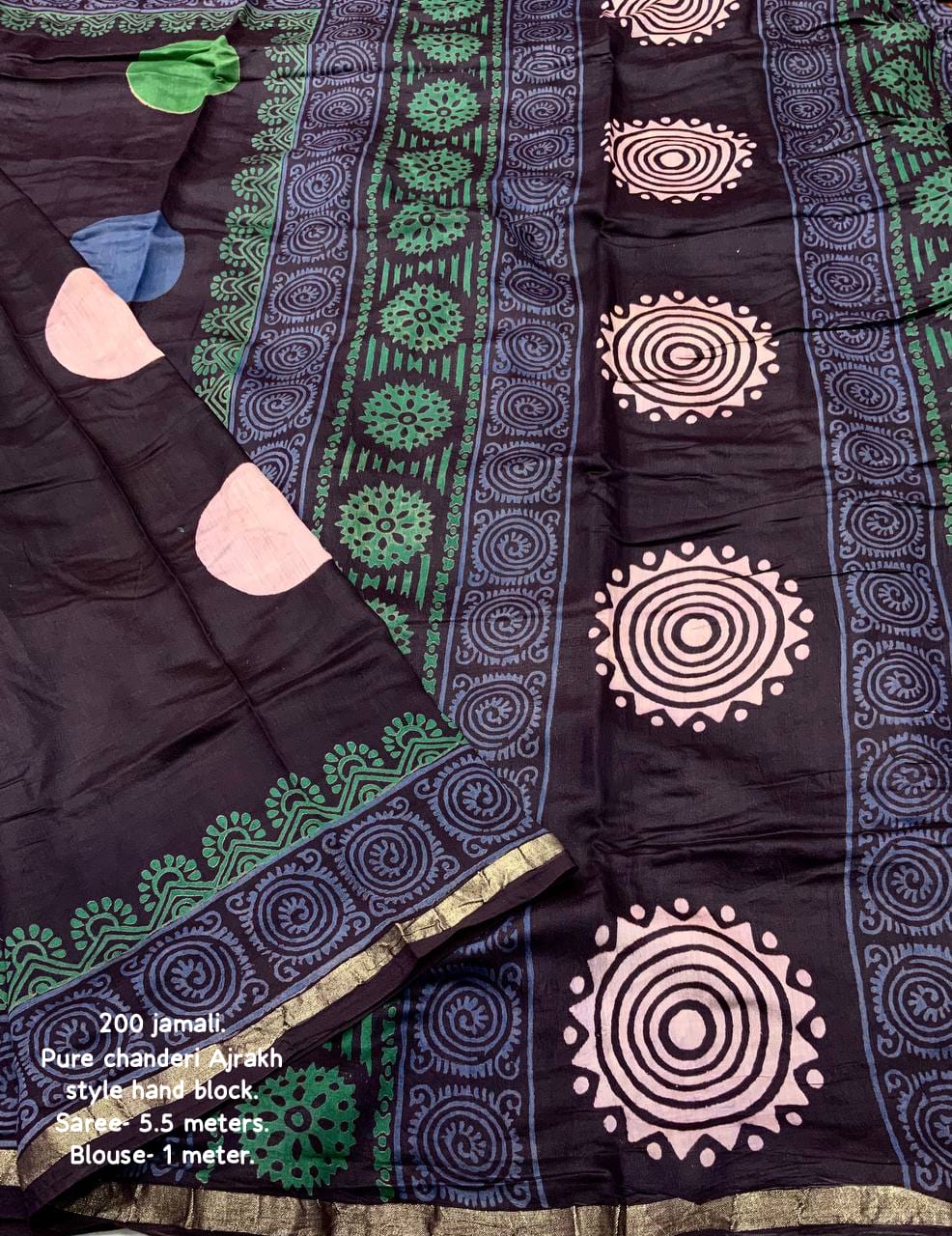 Jamali Color Pure Chanderi Cotton Saree With Ajrakh Style Hand Block Prints