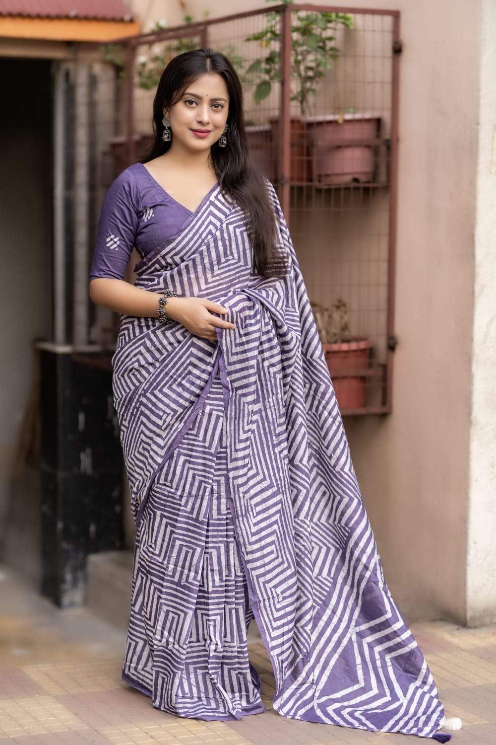 Levender Color Pure Chanderi Cotton Saree With Hand Block Batik Prints