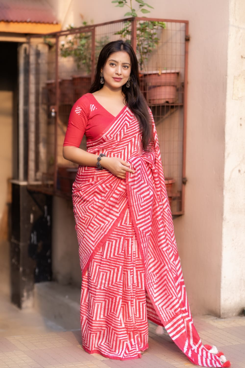 Red Color Pure Chanderi Cotton Saree With Hand Block Batik Prints