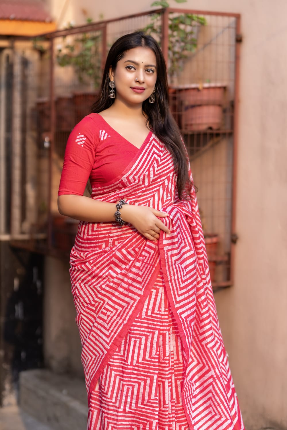 Red Color Pure Chanderi Cotton Saree With Hand Block Batik Prints