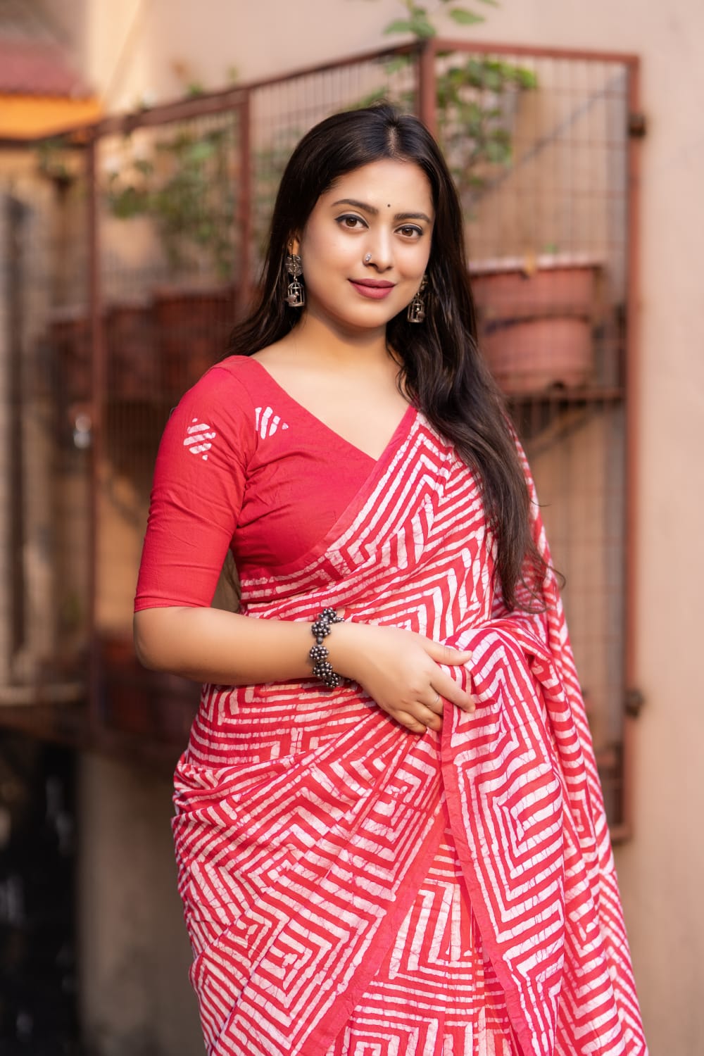 Red Color Pure Chanderi Cotton Saree With Hand Block Batik Prints