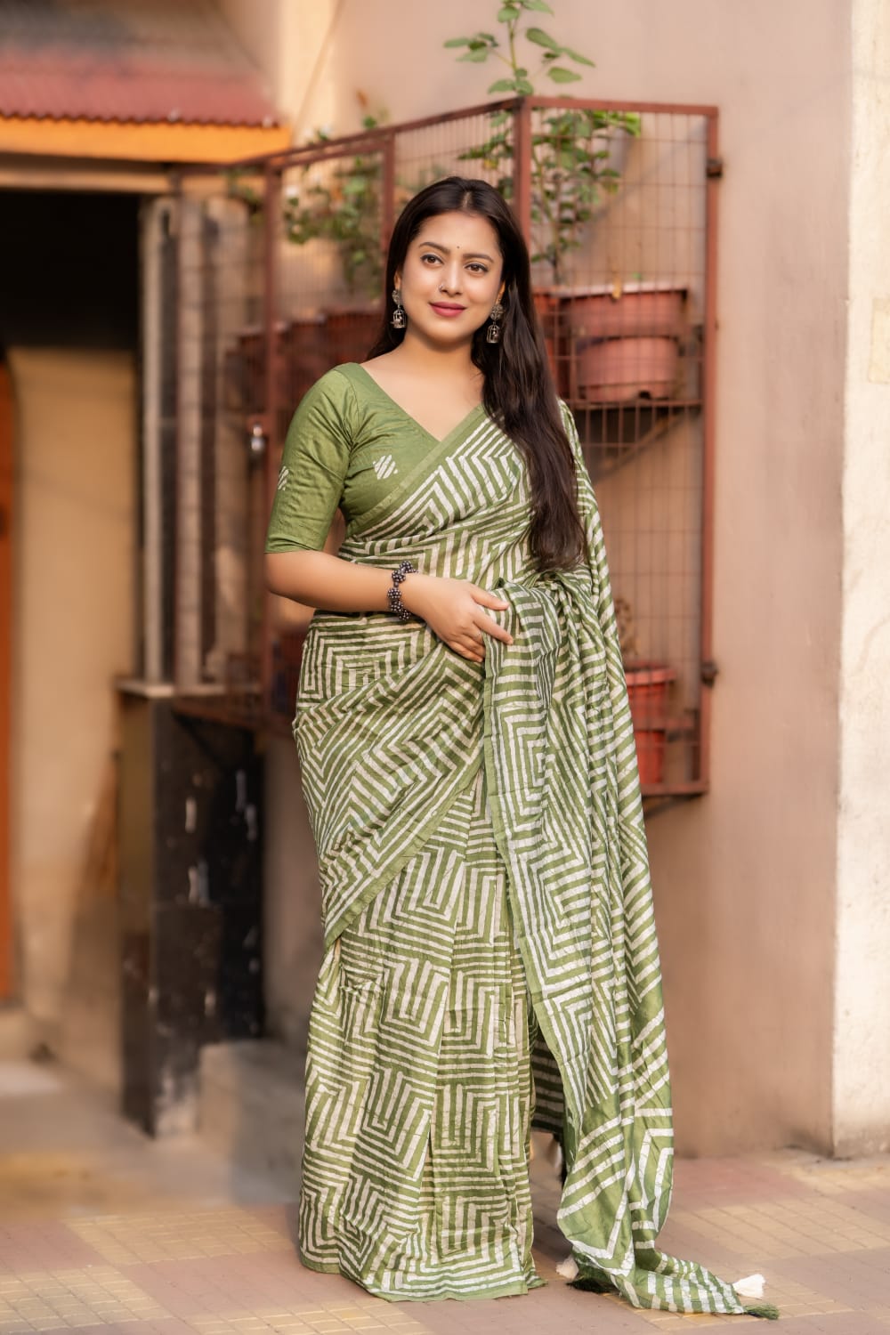 Green Color Pure Chanderi Cotton Saree With Hand Block Batik Prints