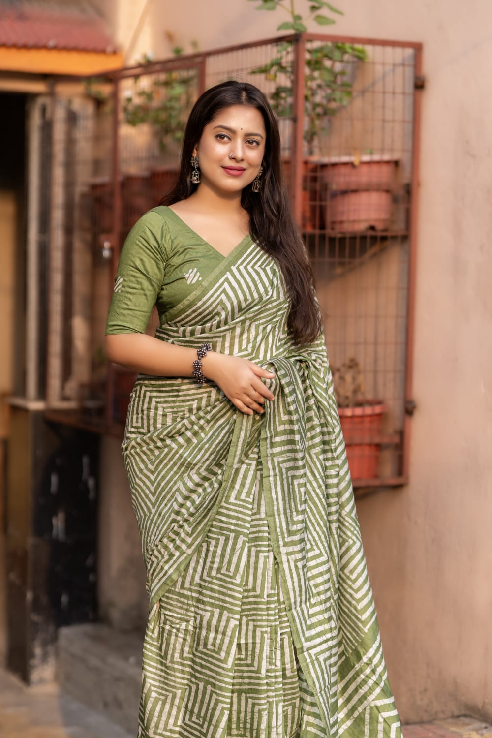 Green Color Pure Chanderi Cotton Saree With Hand Block Batik Prints