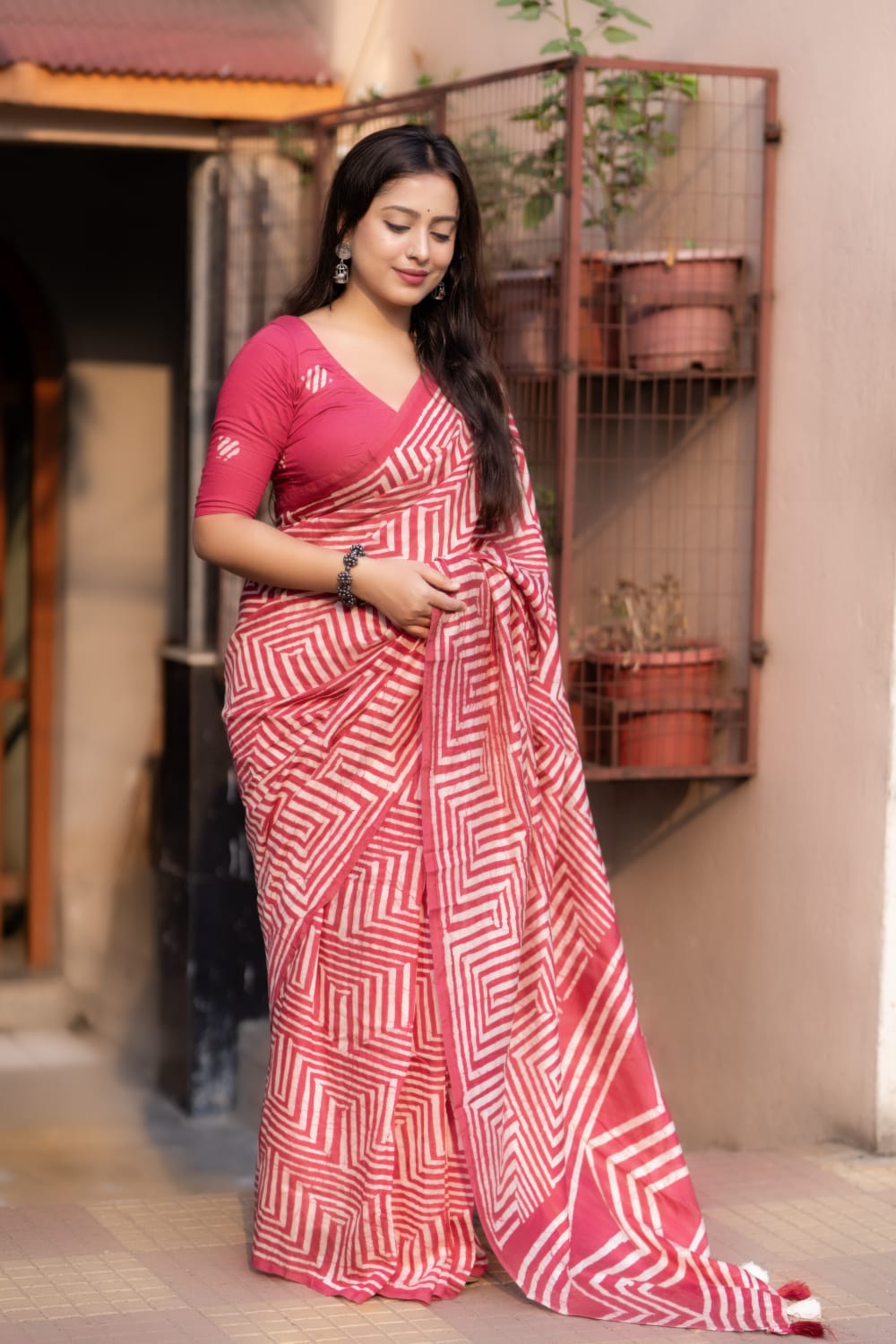 Pink Color Pure Chanderi Cotton Saree With Hand Block Batik Prints