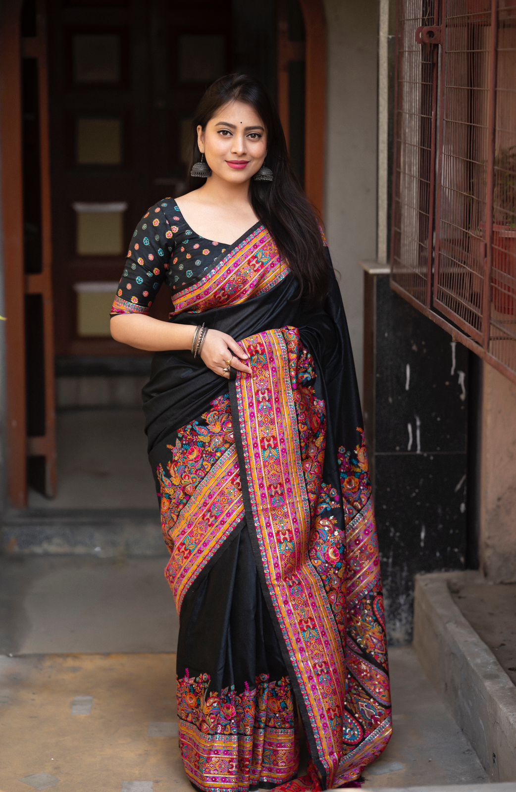 Black Color Premium Kashmiri Cotton Saree With Multi Color Woven Design