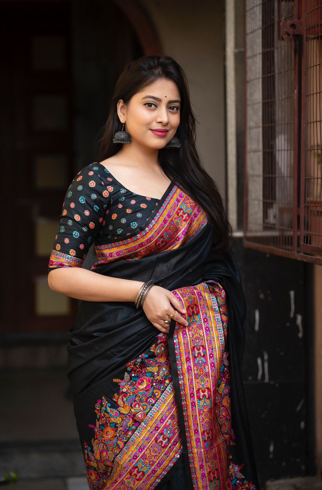 Black Color Premium Kashmiri Cotton Saree With Multi Color Woven Design