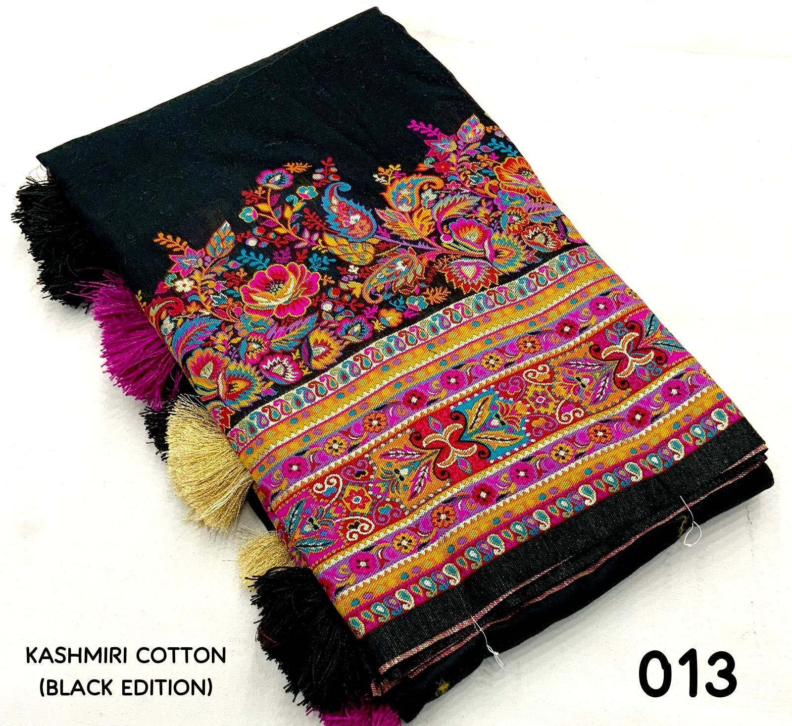 Black Color Premium Kashmiri Cotton Saree With Multi Color Woven Design