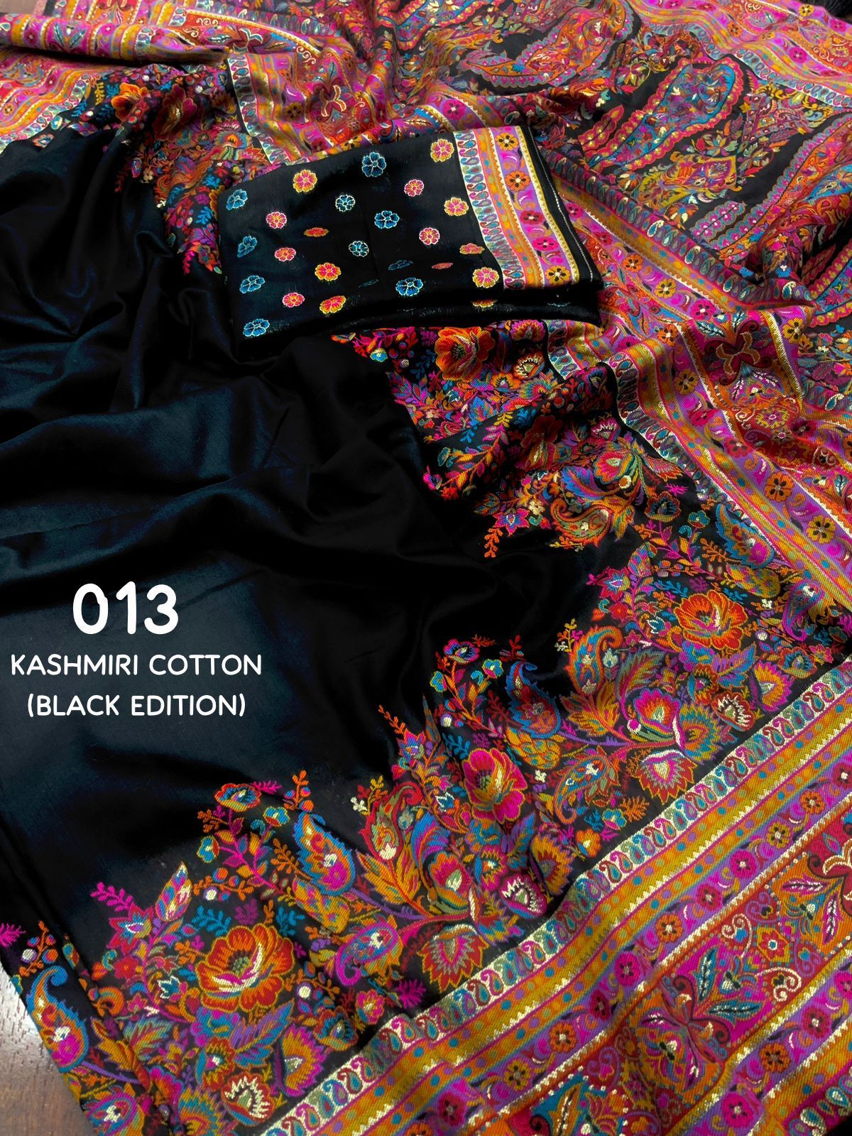 Black Color Premium Kashmiri Cotton Saree With Multi Color Woven Design