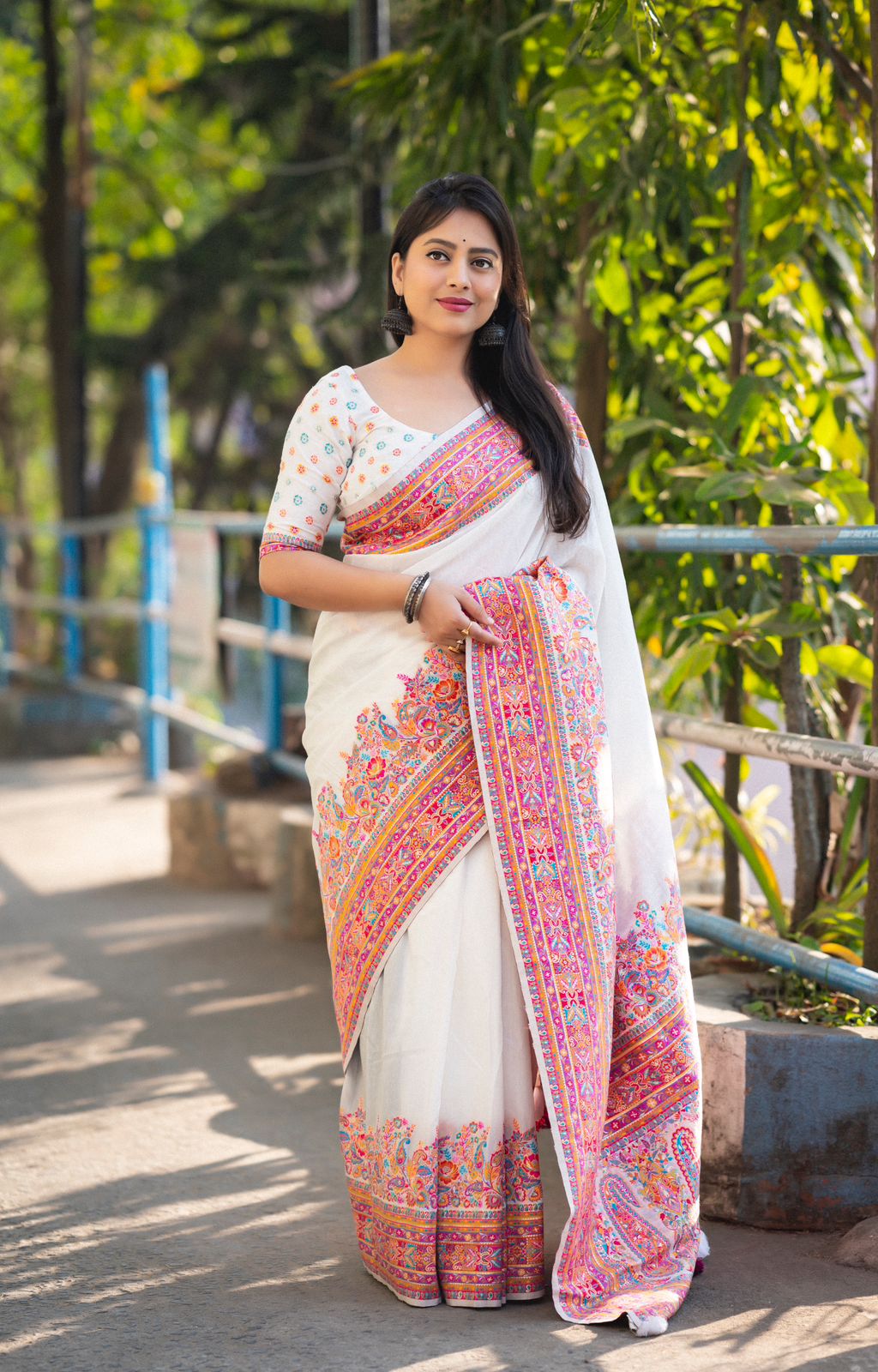 White Color Premium Kashmiri Cotton Saree With Multi Color Woven Design