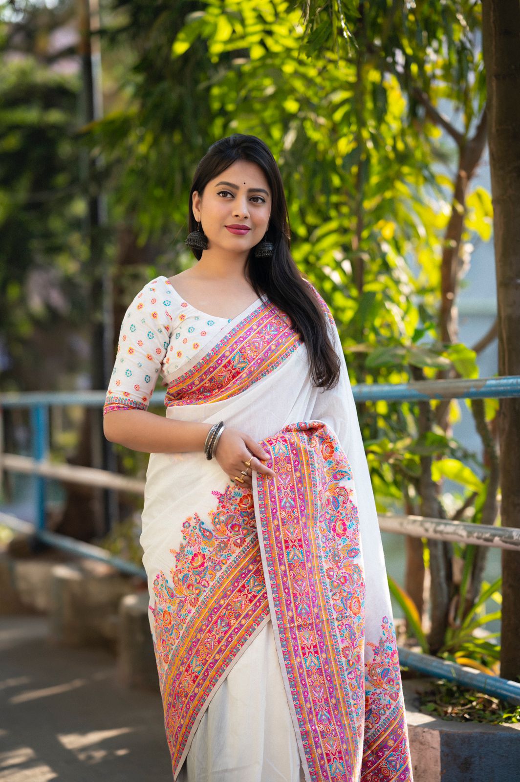 White Color Premium Kashmiri Cotton Saree With Multi Color Woven Design