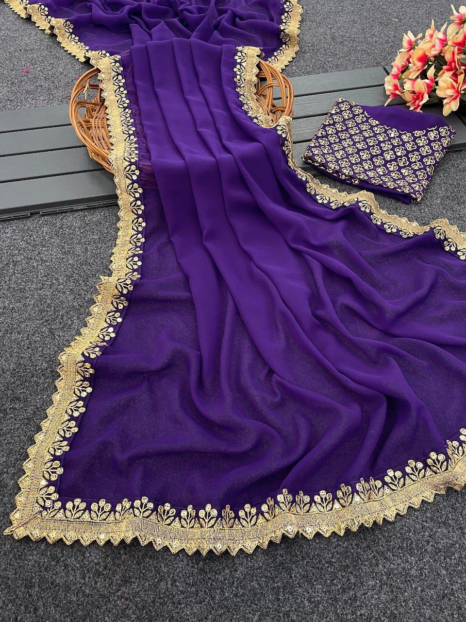 Faux Georgette Saree With Gold Thread Embroidery Arc Work Border