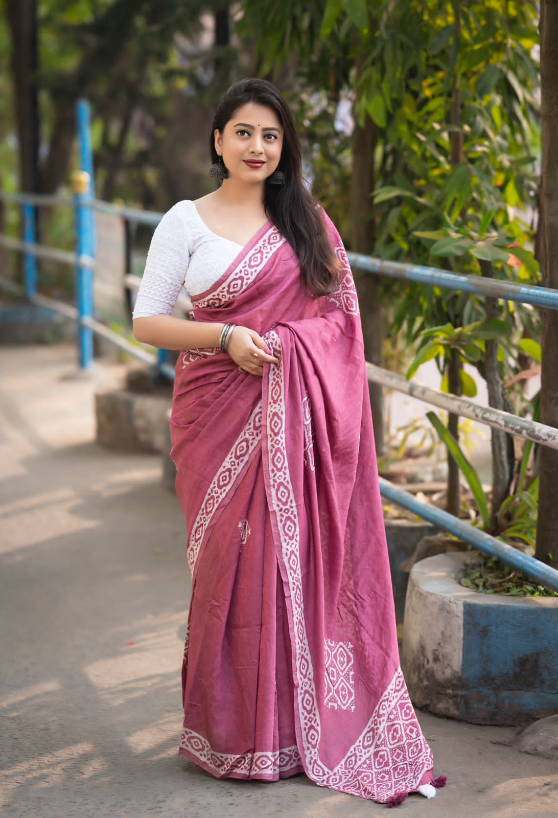 Plum Color Soft Cotton Saree With Handblock Batik Prints